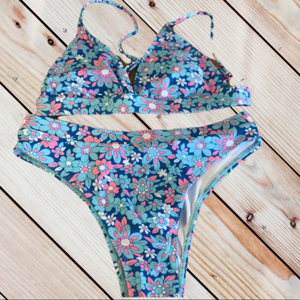 Blue Pink Boho Floral High Waist Lined Cheeky Bikini New - Picture 7 of 16